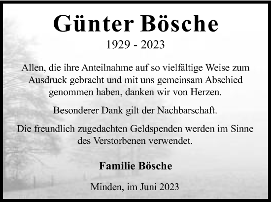 Anzeige von Günter Bösche von Mindener Tageblatt