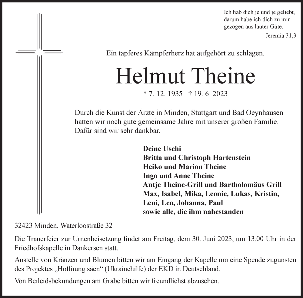  Traueranzeige für Helmut Theine vom 24.06.2023 aus Mindener Tageblatt