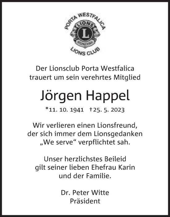 Anzeige von Jörgen Happel von Mindener Tageblatt