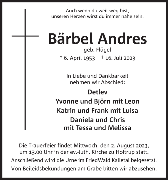 Anzeige von Bärbel Andres von Mindener Tageblatt