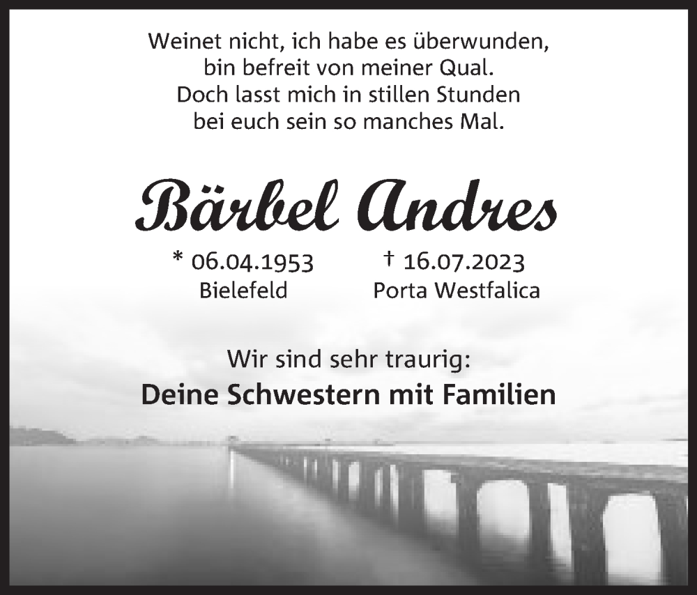  Traueranzeige für Bärbel Andres vom 22.07.2023 aus Mindener Tageblatt