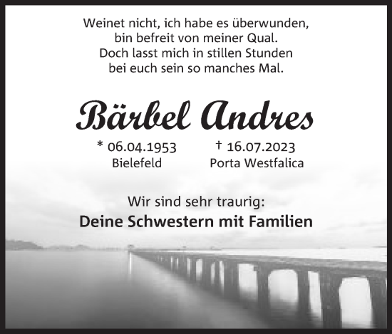 Anzeige von Bärbel Andres von Mindener Tageblatt