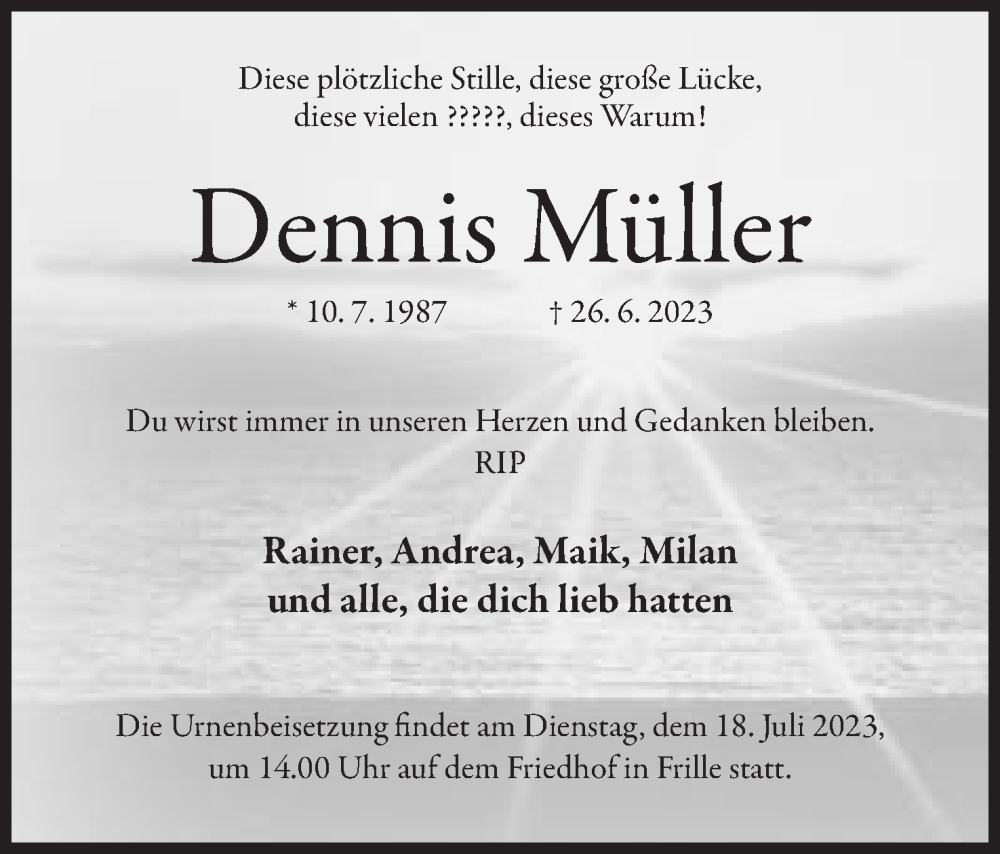  Traueranzeige für Dennis Müller vom 08.07.2023 aus Mindener Tageblatt