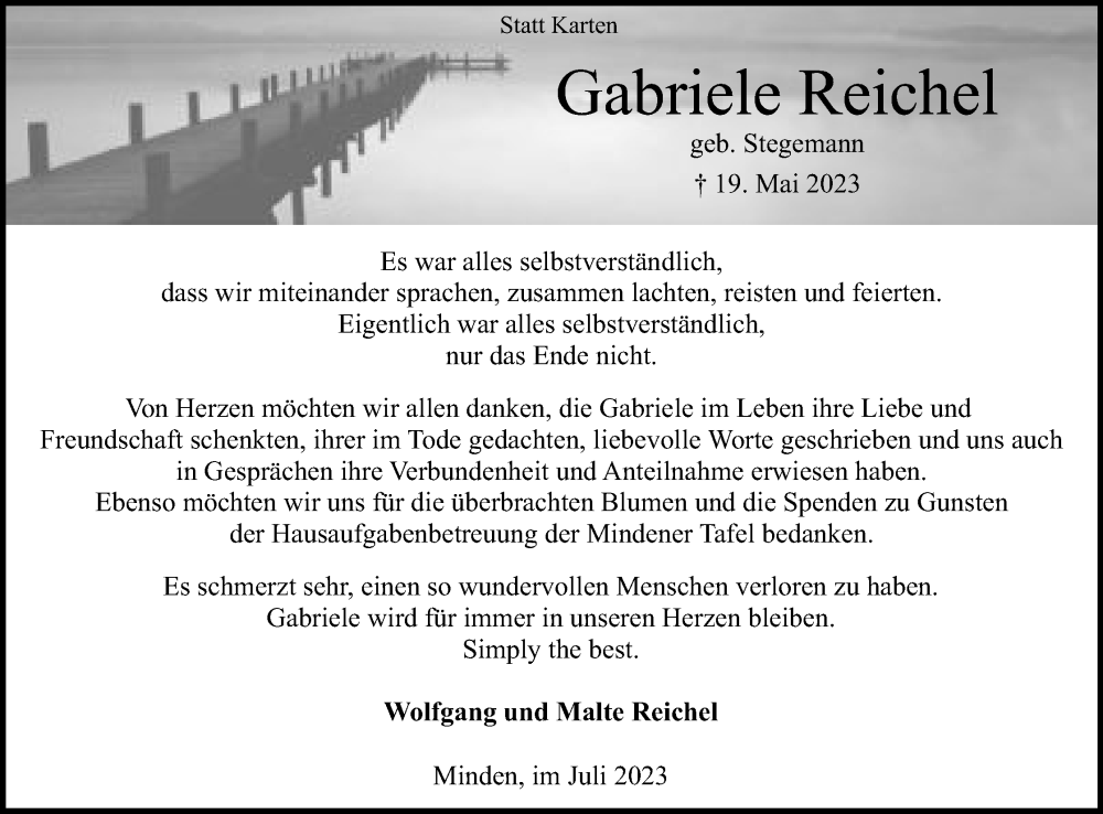  Traueranzeige für Gabriele Reichel vom 01.07.2023 aus Mindener Tageblatt