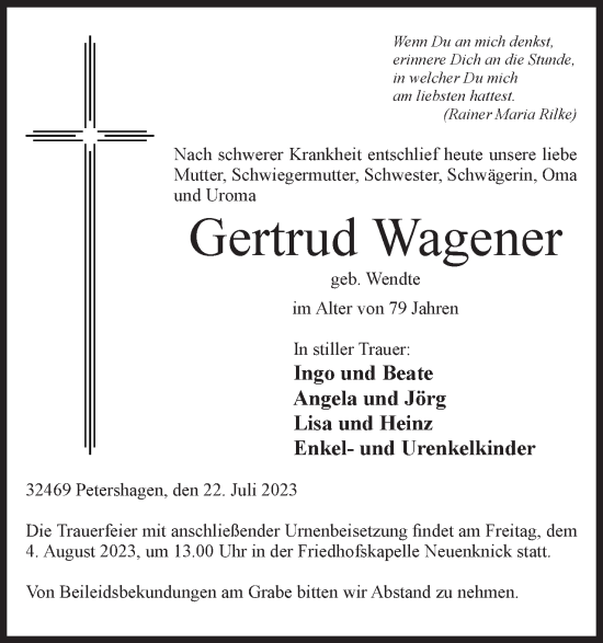 Anzeige von Gertrud Wagener von Mindener Tageblatt
