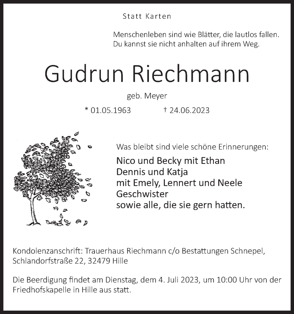  Traueranzeige für Gudrun Riechmann vom 01.07.2023 aus Mindener Tageblatt