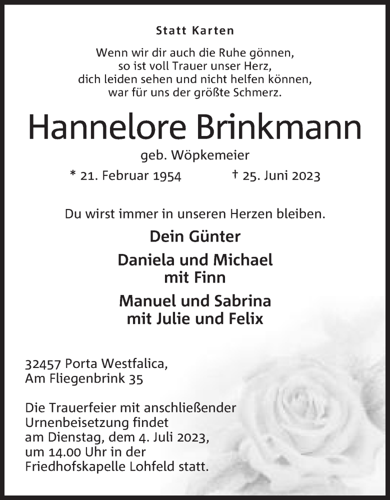  Traueranzeige für Hannelore Brinkmann vom 01.07.2023 aus Mindener Tageblatt