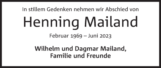 Anzeige von Henning Mailand von Mindener Tageblatt