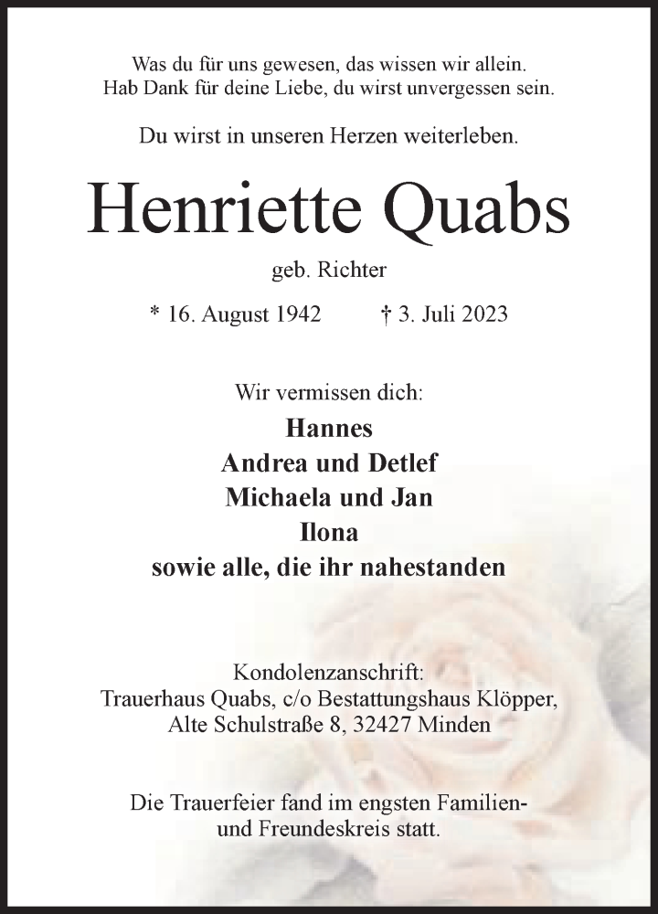  Traueranzeige für Henriette Quabs vom 15.07.2023 aus Mindener Tageblatt