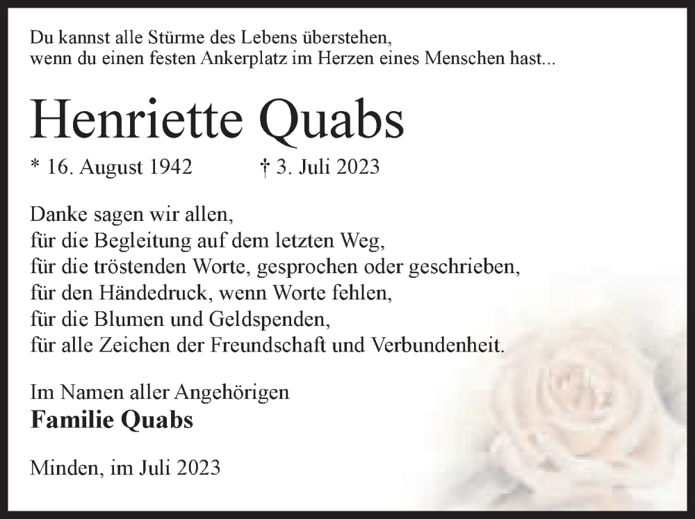  Traueranzeige für Henriette Quabs vom 29.07.2023 aus Mindener Tageblatt