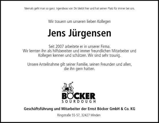 Anzeige von Jens Jürgensen von Mindener Tageblatt