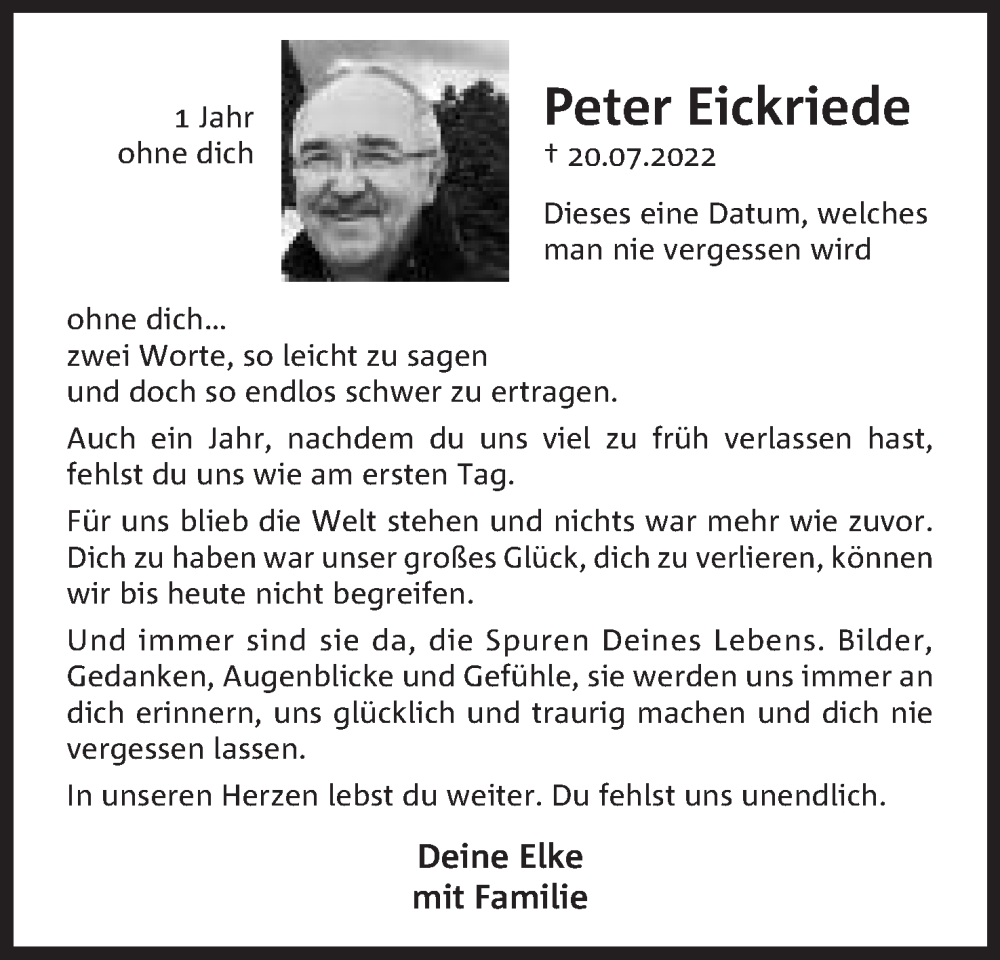  Traueranzeige für Peter Eickriede vom 22.07.2023 aus Mindener Tageblatt