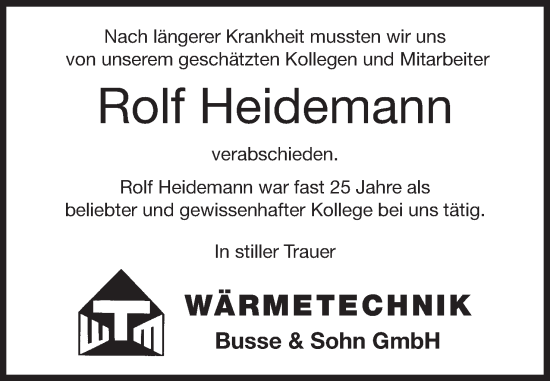 Anzeige von Rolf Heidemann von Mindener Tageblatt