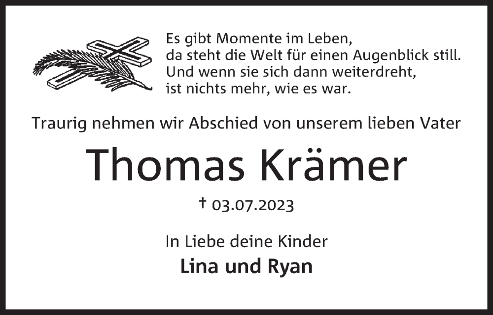  Traueranzeige für Thomas Krämer vom 08.07.2023 aus Mindener Tageblatt
