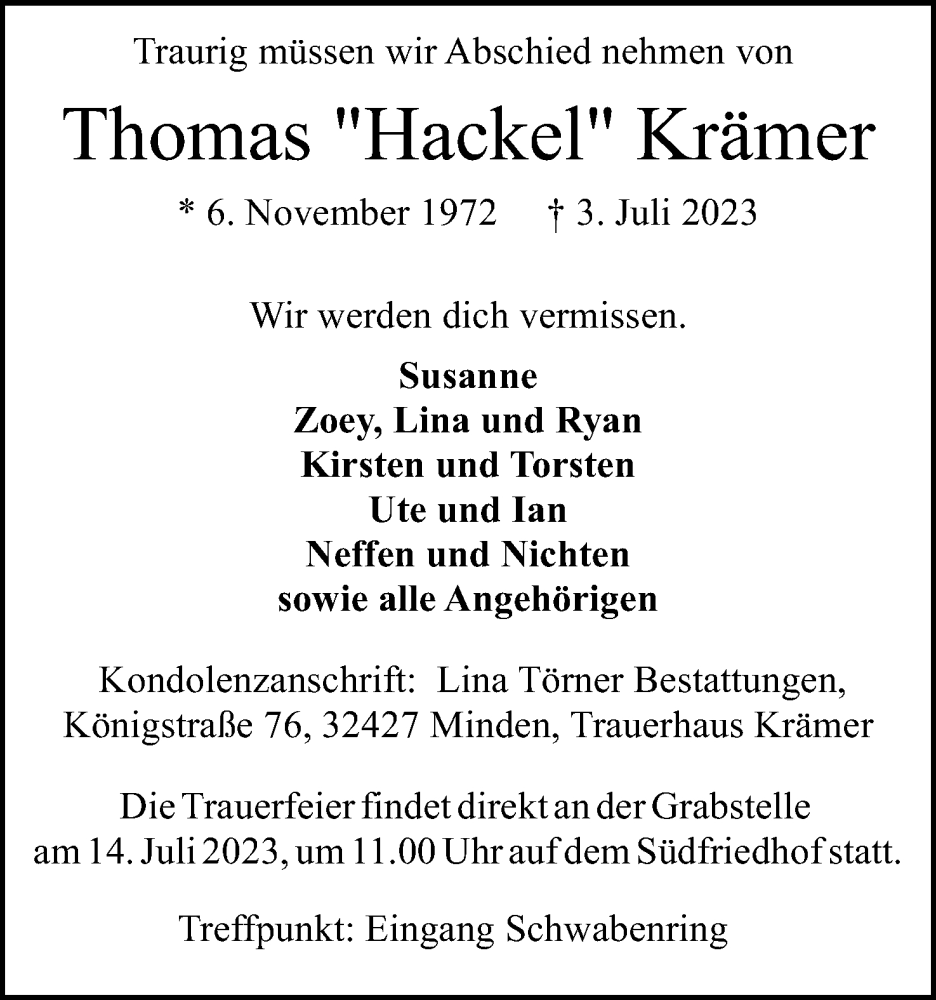  Traueranzeige für Thomas Krämer vom 08.07.2023 aus Mindener Tageblatt