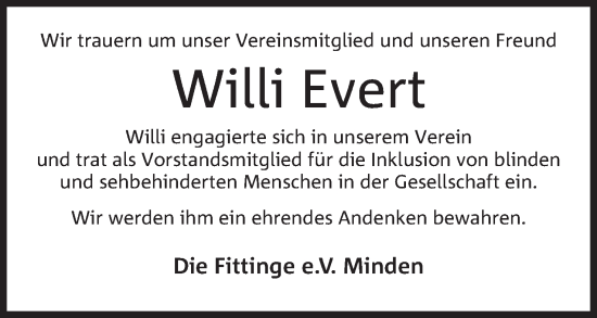 Anzeige von Willi Evert von Mindener Tageblatt