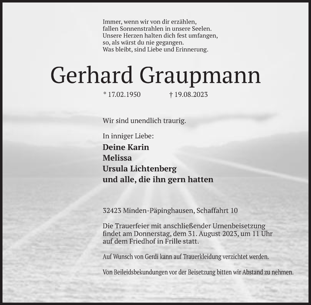  Traueranzeige für Gerhard Graupmann vom 26.08.2023 aus Mindener Tageblatt