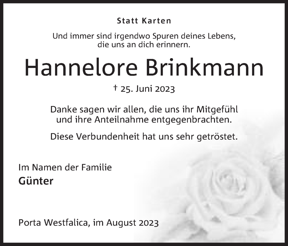 Traueranzeige für Hannelore Brinkmann vom 12.08.2023 aus Mindener Tageblatt