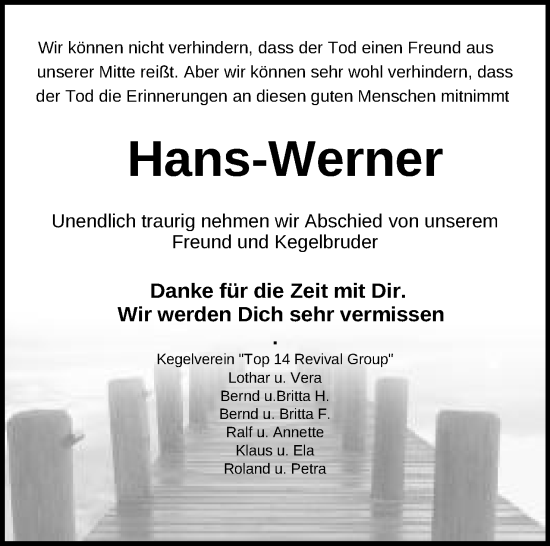 Anzeige von Hans-Werner  von Mindener Tageblatt