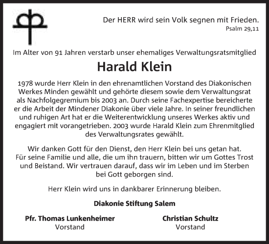 Anzeige von Harald Klein von Mindener Tageblatt