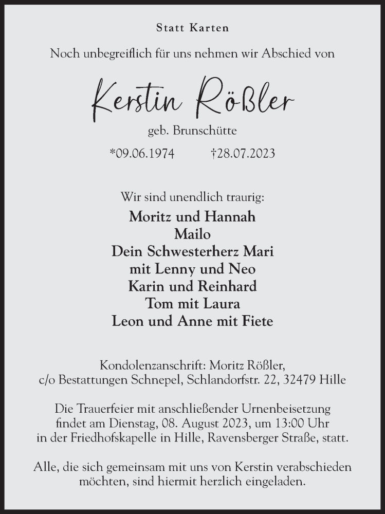  Traueranzeige für Kerstin Rößler vom 02.08.2023 aus Mindener Tageblatt