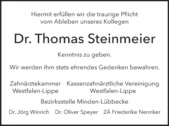 Anzeige von Thomas Steinmeier von Mindener Tageblatt