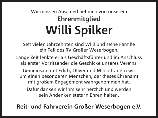 Anzeige von Willi Spilker von Mindener Tageblatt