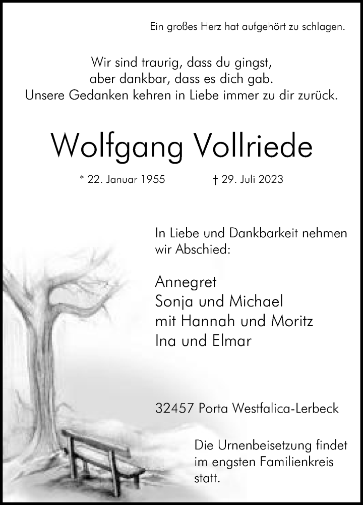  Traueranzeige für Wolfgang Vollriede vom 05.08.2023 aus Mindener Tageblatt