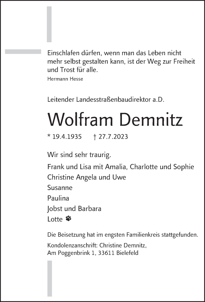 Traueranzeige für Wolfram Demnitz vom 05.08.2023 aus Mindener Tageblatt