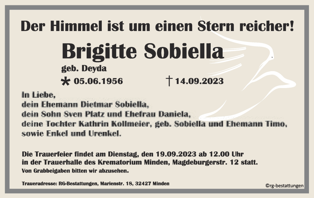  Traueranzeige für Brigitte Sobiella vom 16.09.2023 aus Mindener Tageblatt
