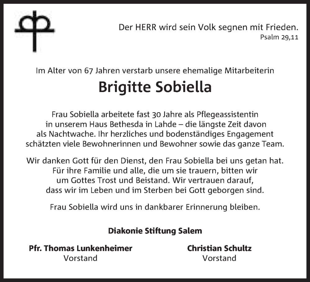  Traueranzeige für Brigitte Sobiella vom 22.09.2023 aus Mindener Tageblatt