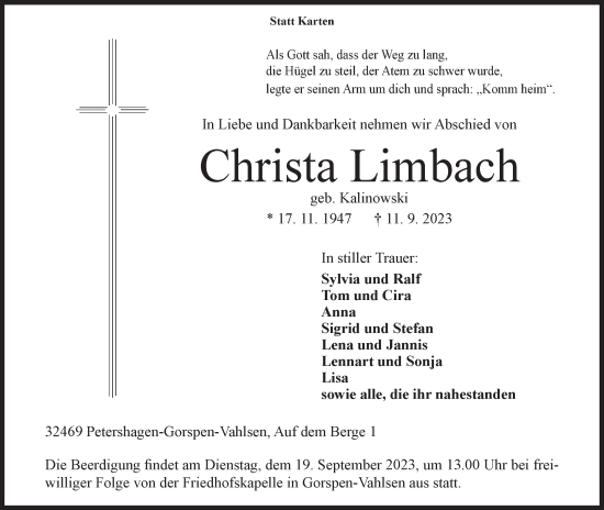 Anzeige von Christa Limbach von Mindener Tageblatt