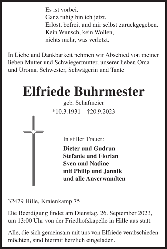 Anzeige von Elfriede Buhrmester von Mindener Tageblatt
