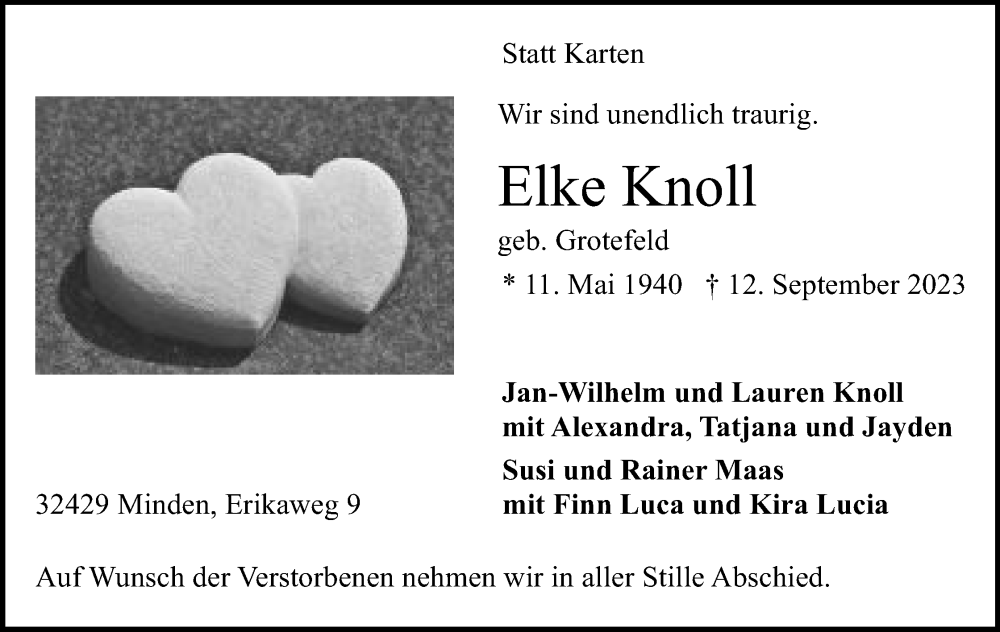  Traueranzeige für Elke Knoll vom 16.09.2023 aus Mindener Tageblatt