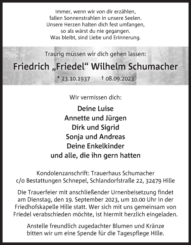  Traueranzeige für Friedrich  Schumacher vom 09.09.2023 aus Mindener Tageblatt