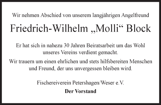 Anzeige von Friedrich-Wilhelm Block von Mindener Tageblatt