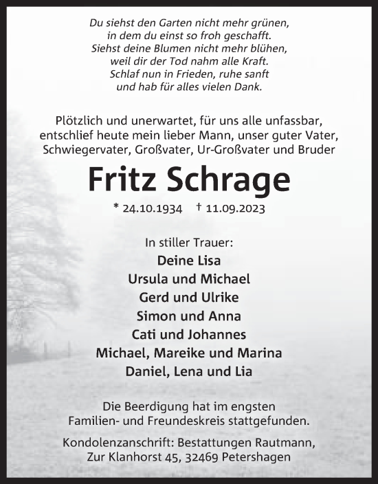 Anzeige von Fritz Schrage von Mindener Tageblatt