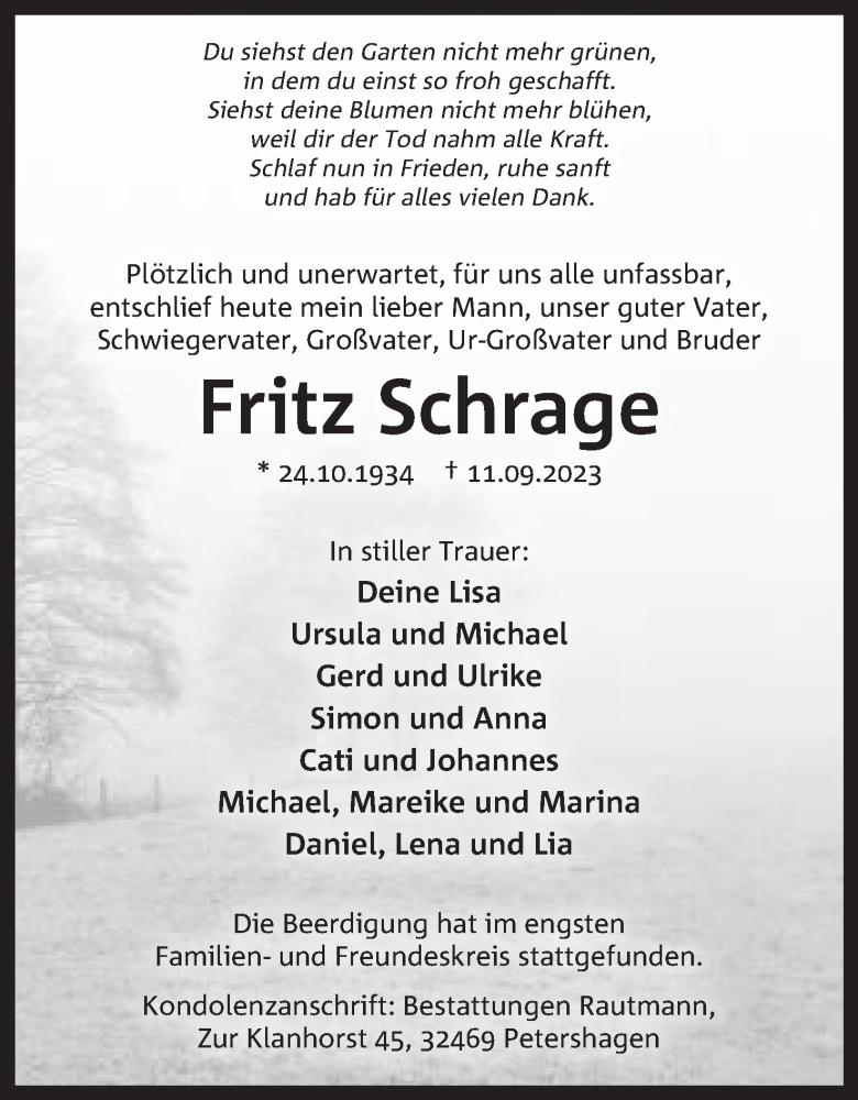  Traueranzeige für Fritz Schrage vom 16.09.2023 aus Mindener Tageblatt