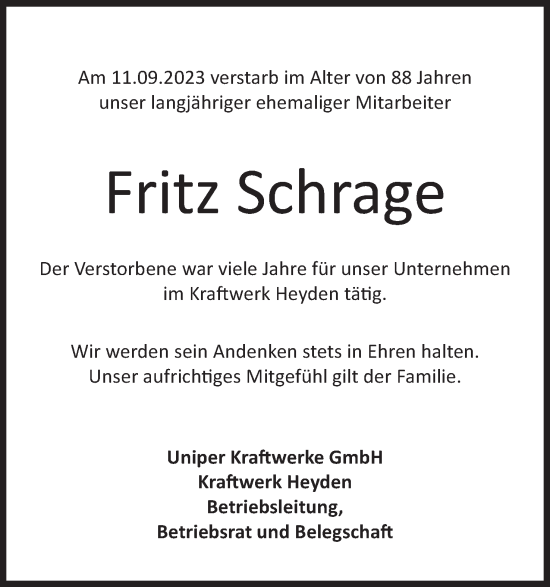 Anzeige von Fritz Schrage von Mindener Tageblatt