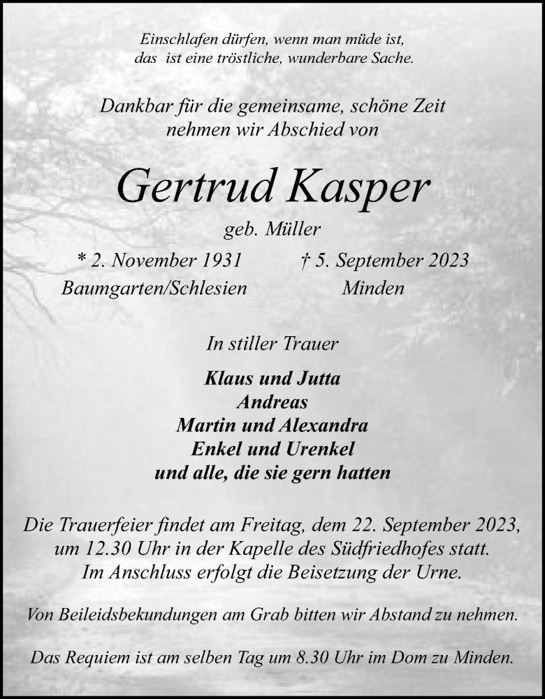  Traueranzeige für Gertrud Kasper vom 16.09.2023 aus Mindener Tageblatt