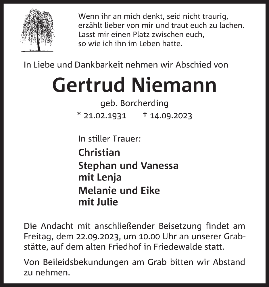  Traueranzeige für Gertrud Niemann vom 16.09.2023 aus Mindener Tageblatt