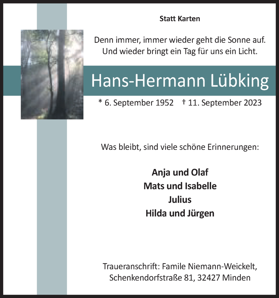 Traueranzeige für Hans-Hermann Lübking vom 16.09.2023 aus Mindener Tageblatt