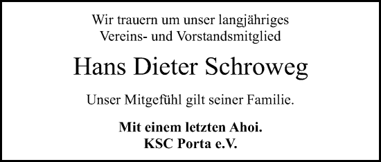 Anzeige von Hans Dieter Schroweg von Mindener Tageblatt