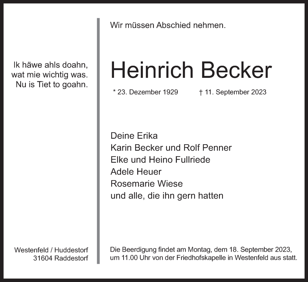  Traueranzeige für Heinrich Becker vom 16.09.2023 aus Mindener Tageblatt