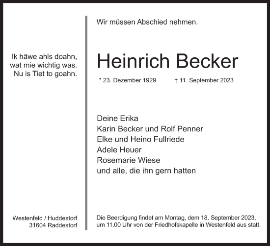 Anzeige von Heinrich Becker von Mindener Tageblatt