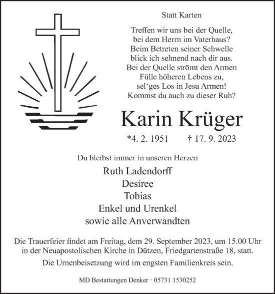 Anzeige von Karin Krüger von Mindener Tageblatt