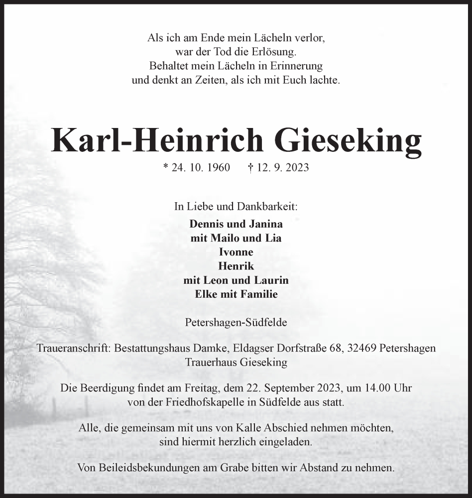  Traueranzeige für Karl-Heinrich Gieseking vom 16.09.2023 aus Mindener Tageblatt