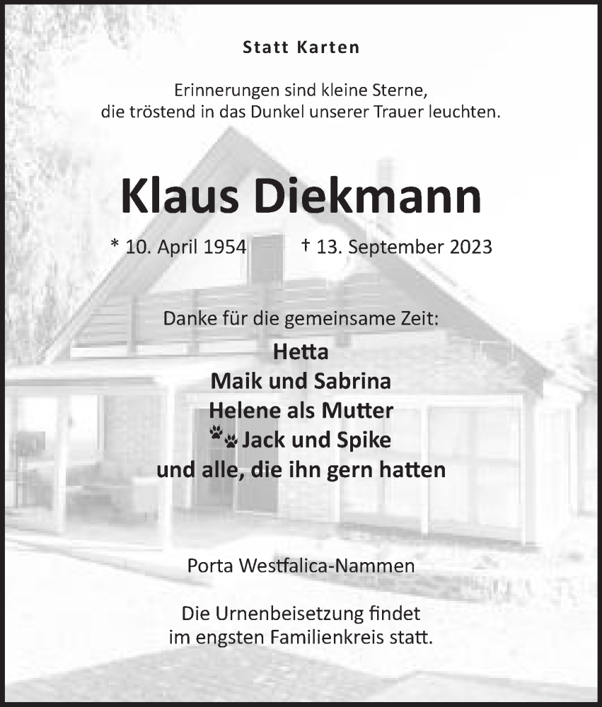  Traueranzeige für Klaus Diekmann vom 30.09.2023 aus Mindener Tageblatt