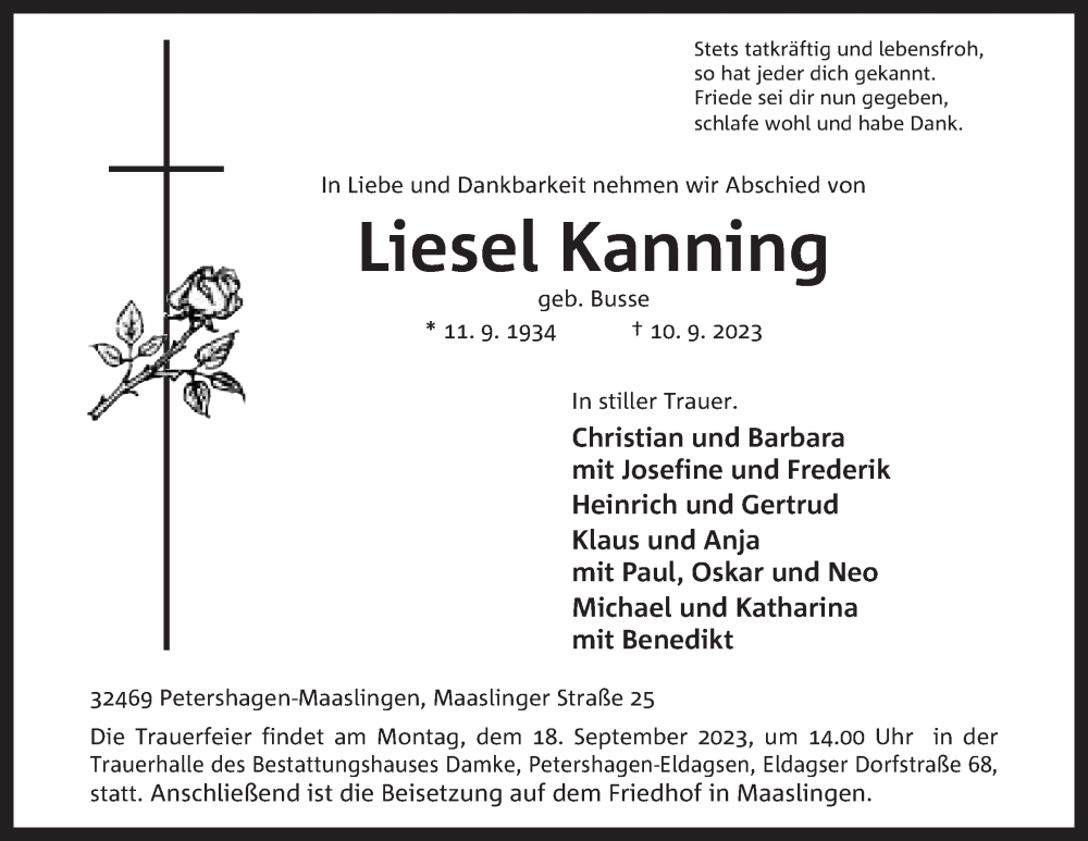  Traueranzeige für Liesel Kanning vom 12.09.2023 aus Mindener Tageblatt