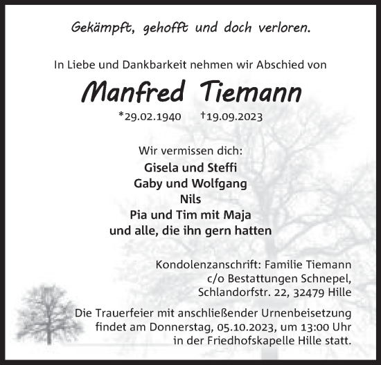 Anzeige von Manfred Tiemann von Mindener Tageblatt
